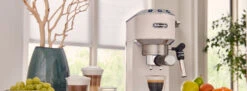 DeLonghi EC685W Dedica Deluxe Espresso Machine - White -Coffee Makers Store DedicaDeluxeBanner White